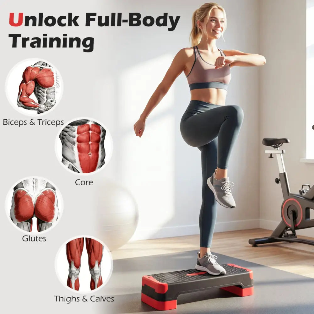 3-in-1 Aerobic Step Platform Set with 2 Stackable Risers and Balance Trainers for Home-Red - Red - Sport Equipments