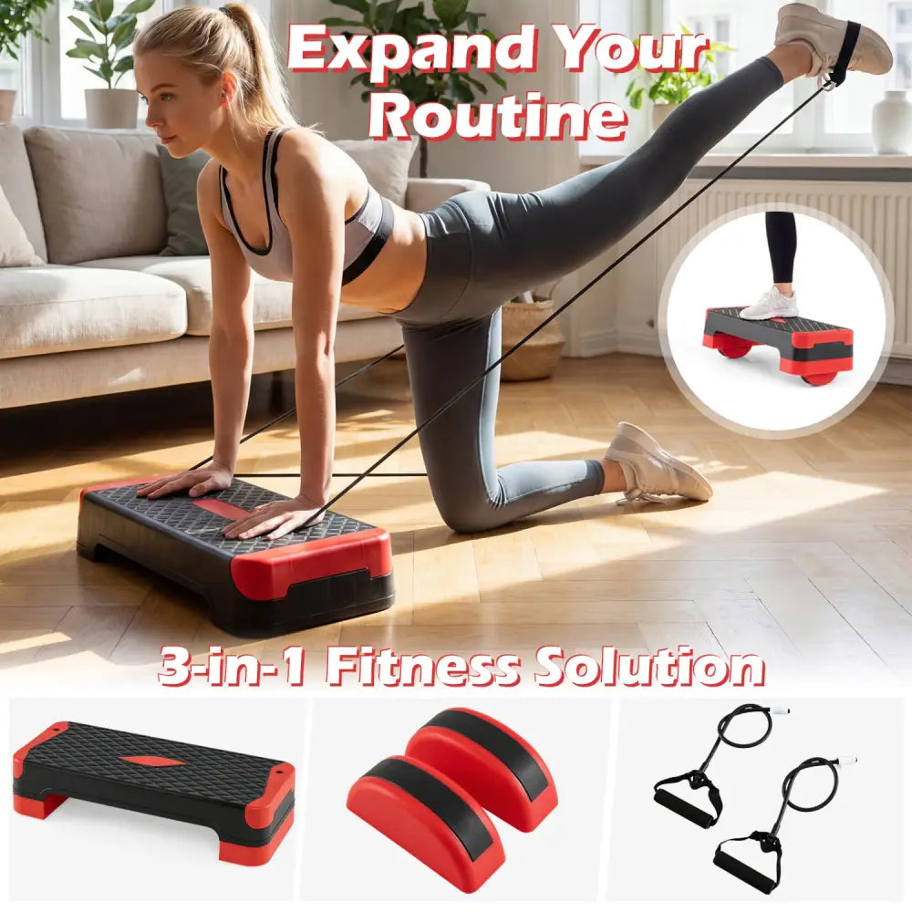 3-in-1 Aerobic Step Platform Set with 2 Stackable Risers and Balance Trainers for Home-Red - Red - Sport Equipments