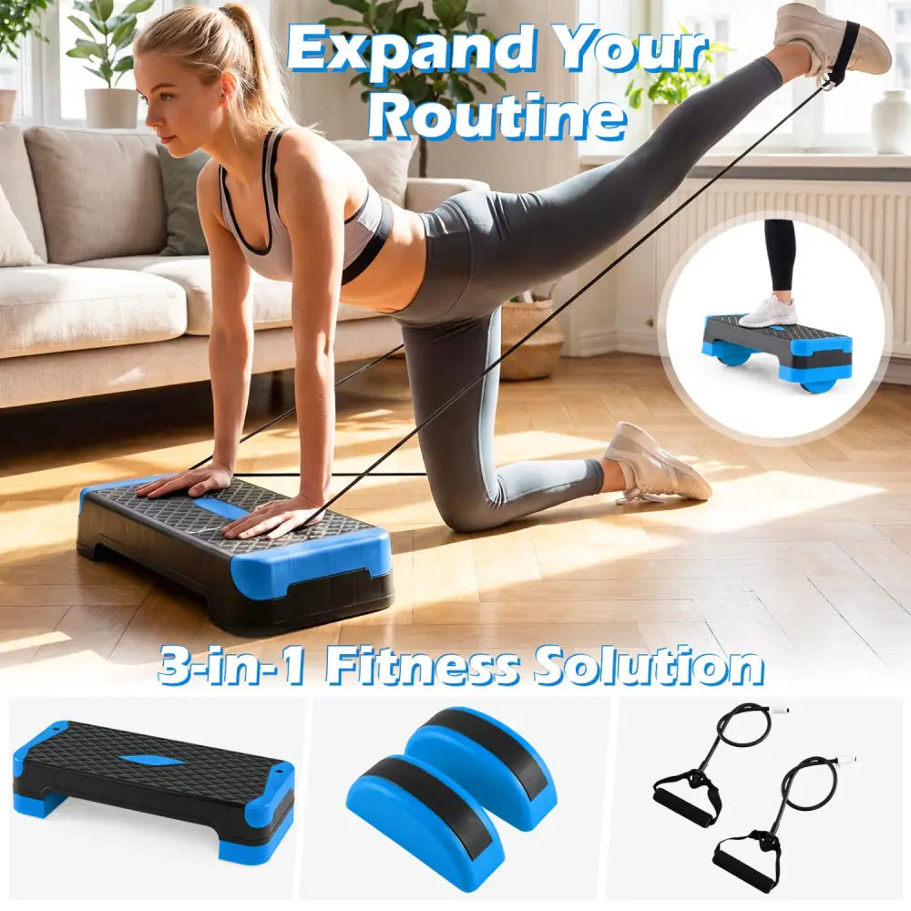 3-in-1 Aerobic Step Platform Set with 2 Stackable Risers and Balance Trainers for Home-Blue - Blue - Sport Equipments