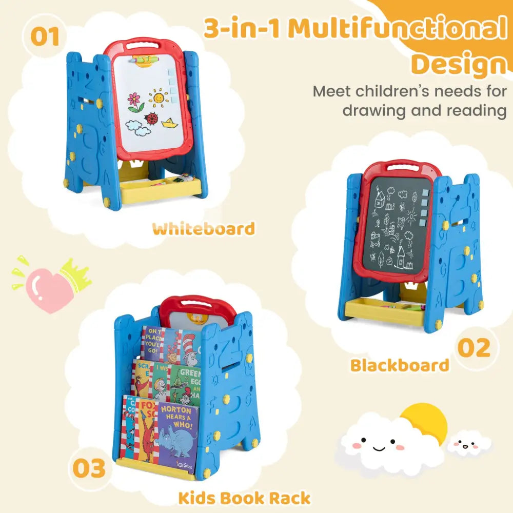 3 in 1 Art Easel for Kids with Double Sided Magnetic Board-Blue - Blue - Art Easels