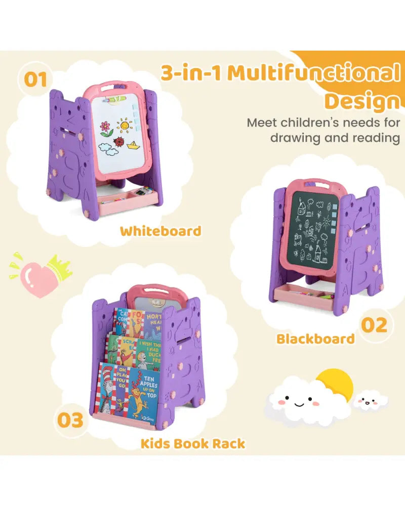 3 in 1 Art Easel for Kids with Double Sided Magnetic Board-Pink - Pink - Art Easels