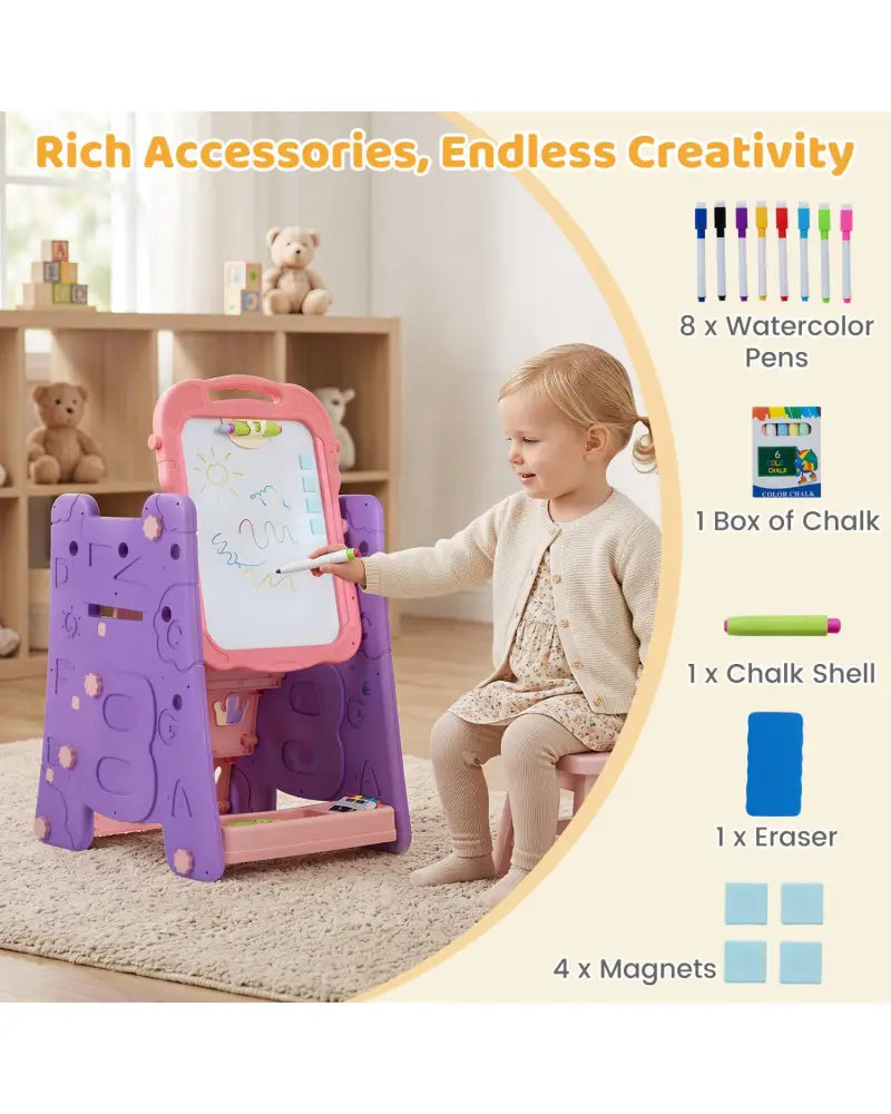 3 in 1 Art Easel for Kids with Double Sided Magnetic Board-Pink - Pink - Art Easels