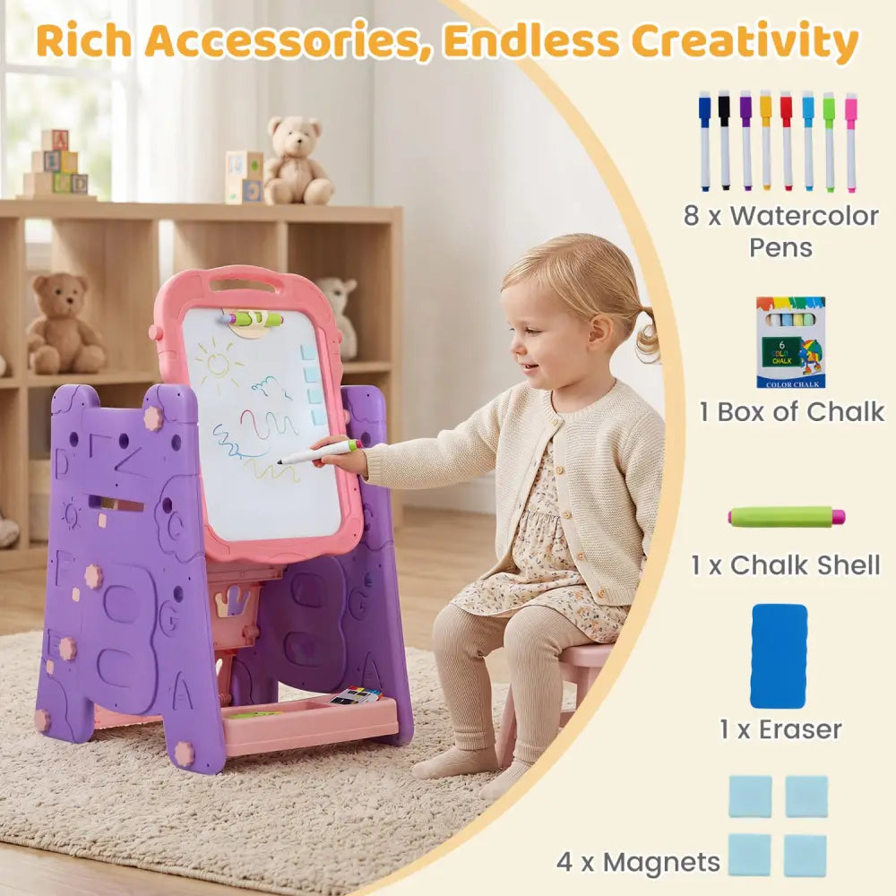 3 in 1 Art Easel for Kids with Double Sided Magnetic Board-Pink - Pink - Art Easels