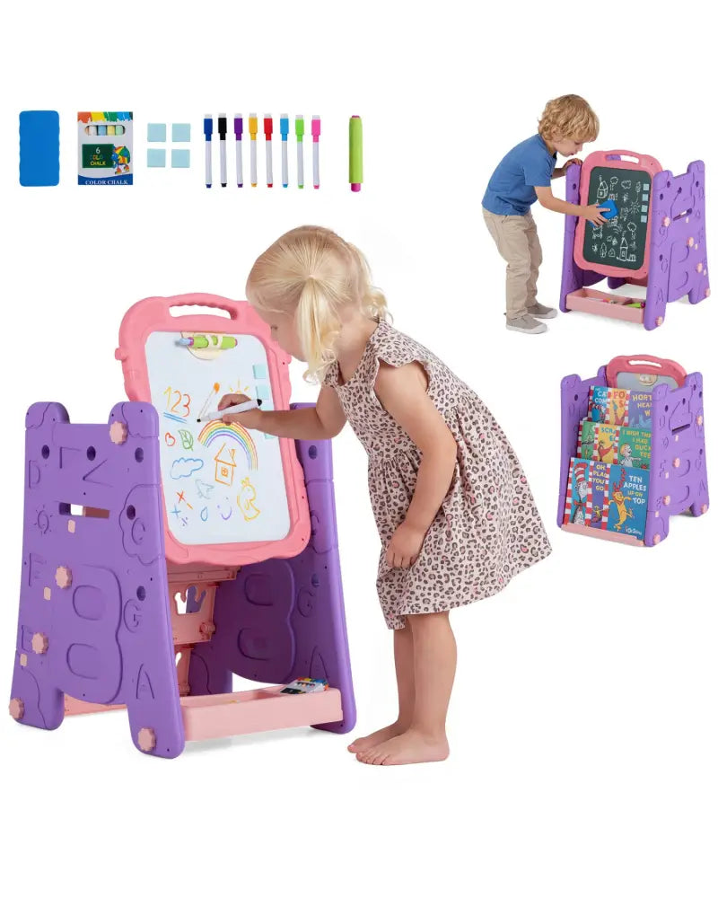 3 in 1 Art Easel for Kids with Double Sided Magnetic Board-Pink - Pink - Art Easels