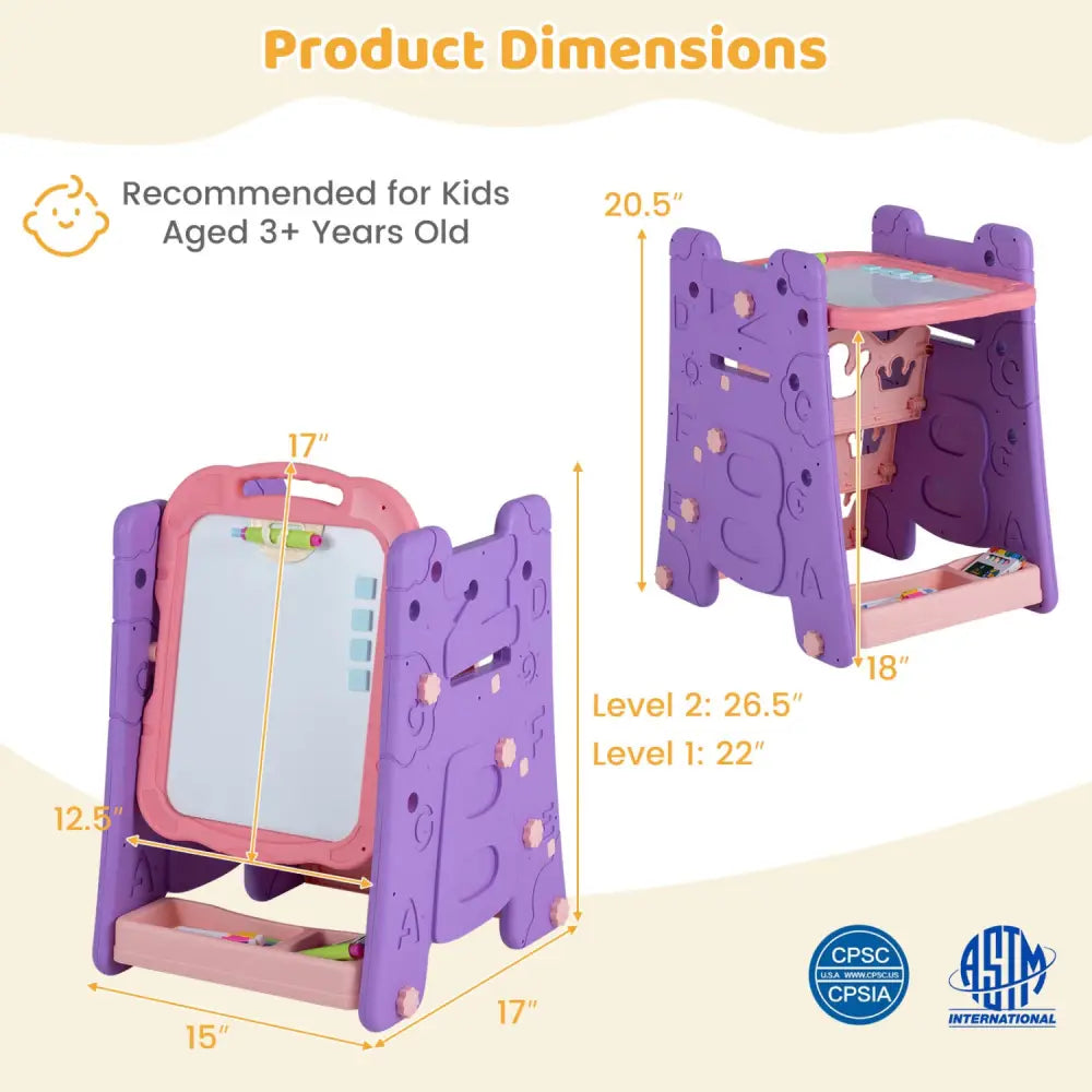 3 in 1 Art Easel for Kids with Double Sided Magnetic Board-Pink - Pink - Art Easels