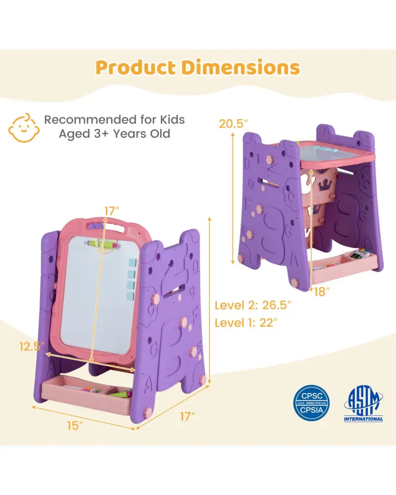 3 in 1 Art Easel for Kids with Double Sided Magnetic Board-Pink - Pink - Art Easels