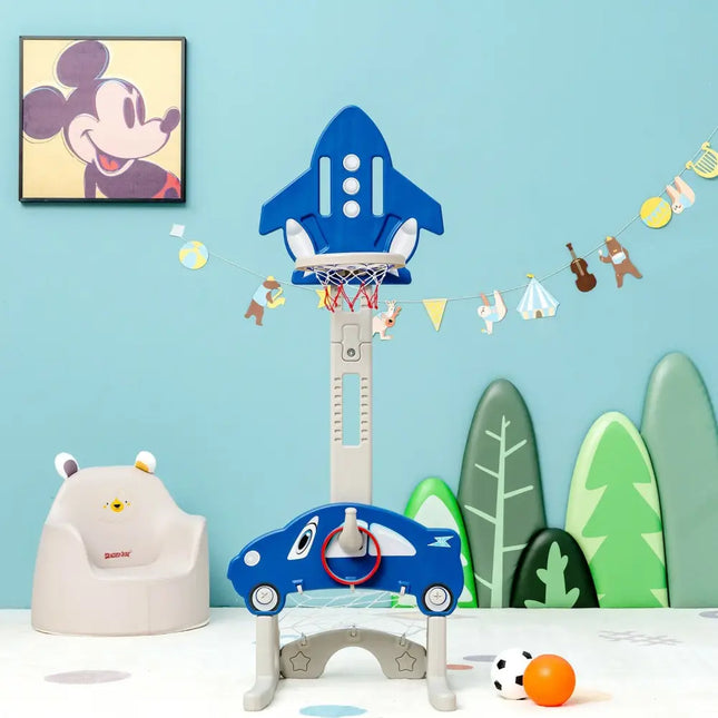 3-in-1 Basketball Hoop for Kids Adjustable Height Playset with Balls-Blue - Blue - Toy Sports