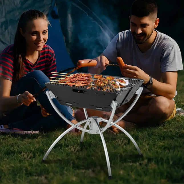 3-in-1 Camping Campfire Grill with Stainless Steel Grills Carrying Bag & Gloves-Silver - Silver - Outdoor Grills