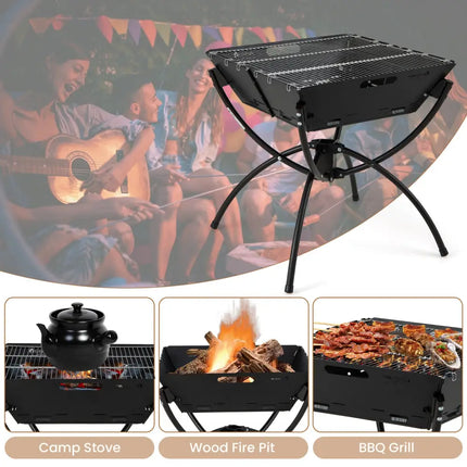 3-in-1 Camping Campfire Grill with Stainless Steel Grills Carrying Bag & Gloves-Black - Black - Outdoor Grills