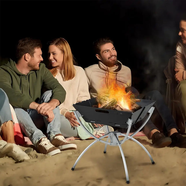 3-in-1 Camping Campfire Grill with Stainless Steel Grills Carrying Bag & Gloves-Silver - Silver - Outdoor Grills