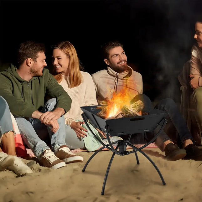 3-in-1 Camping Campfire Grill with Stainless Steel Grills Carrying Bag & Gloves-Black - Black - Outdoor Grills