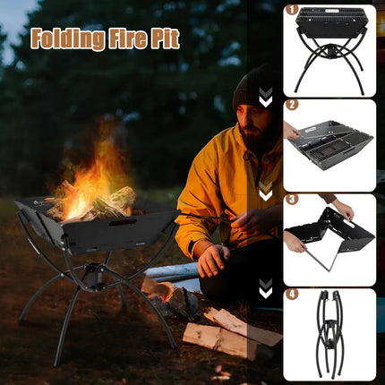 3-in-1 Camping Campfire Grill with Stainless Steel Grills Carrying Bag & Gloves-Black - Black - Outdoor Grills