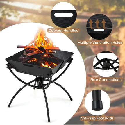 3-in-1 Camping Campfire Grill with Stainless Steel Grills Carrying Bag & Gloves-Black - Black - Outdoor Grills