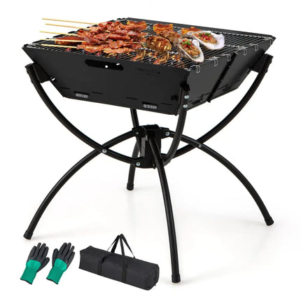3-in-1 Camping Campfire Grill with Stainless Steel Grills Carrying Bag & Gloves-Black - Black - Outdoor Grills