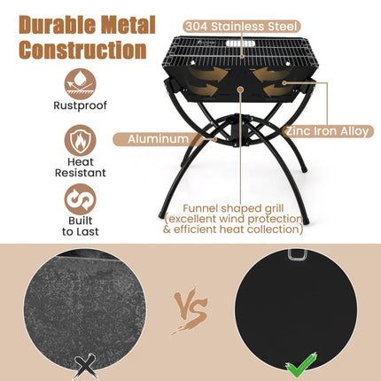 3-in-1 Camping Campfire Grill with Stainless Steel Grills Carrying Bag & Gloves-Black - Black - Outdoor Grills