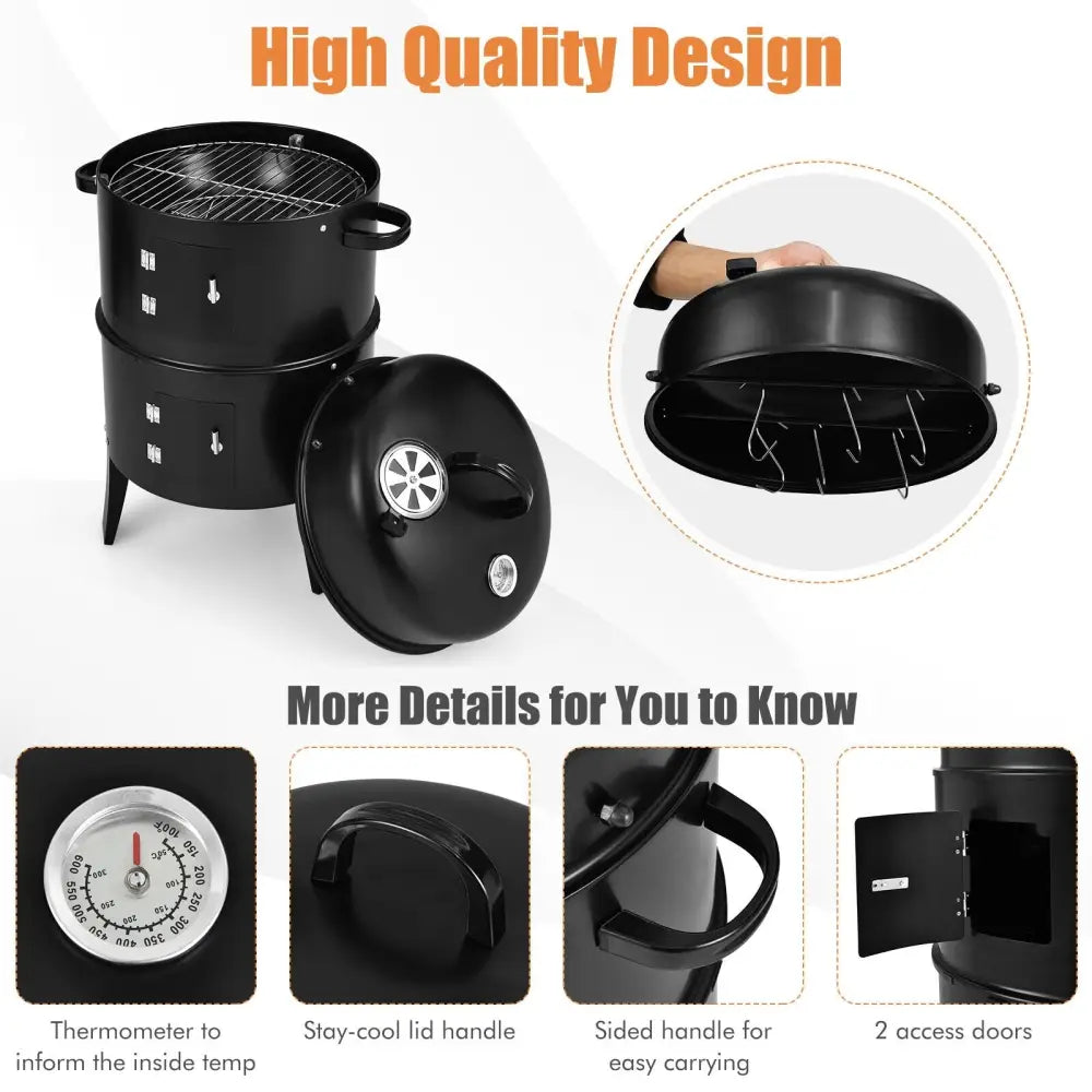 3-in-1 Charcoal BBQ Grill Cambo with Built-in Thermometer - Black - Outdoor Grills