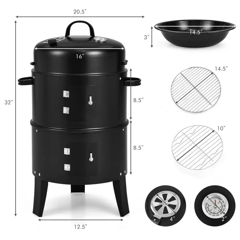 3-in-1 Charcoal BBQ Grill Cambo with Built-in Thermometer - Black - Outdoor Grills