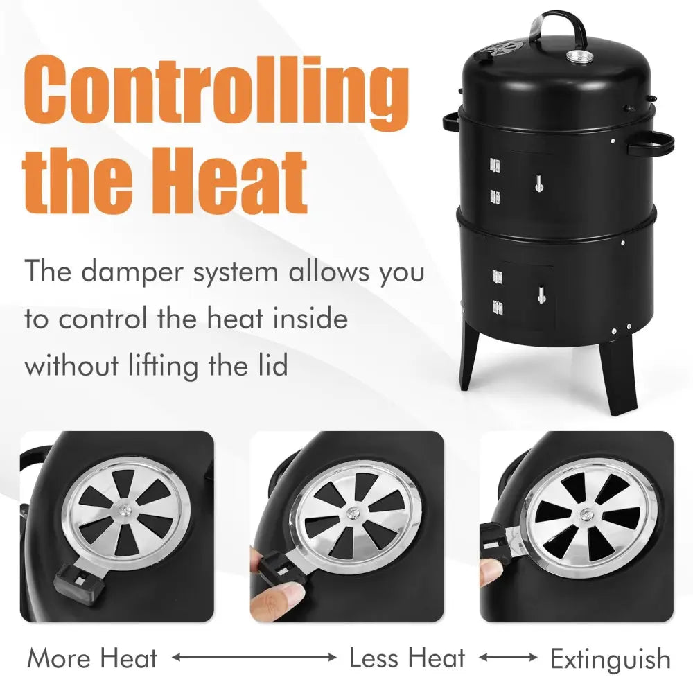3-in-1 Charcoal BBQ Grill Cambo with Built-in Thermometer - Black - Outdoor Grills