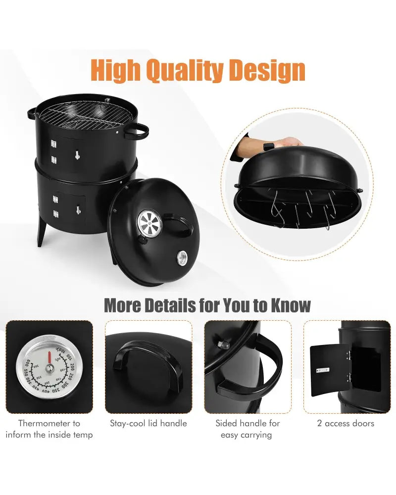 3-in-1 Charcoal BBQ Grill Cambo with Built-in Thermometer - Black - Outdoor Grills