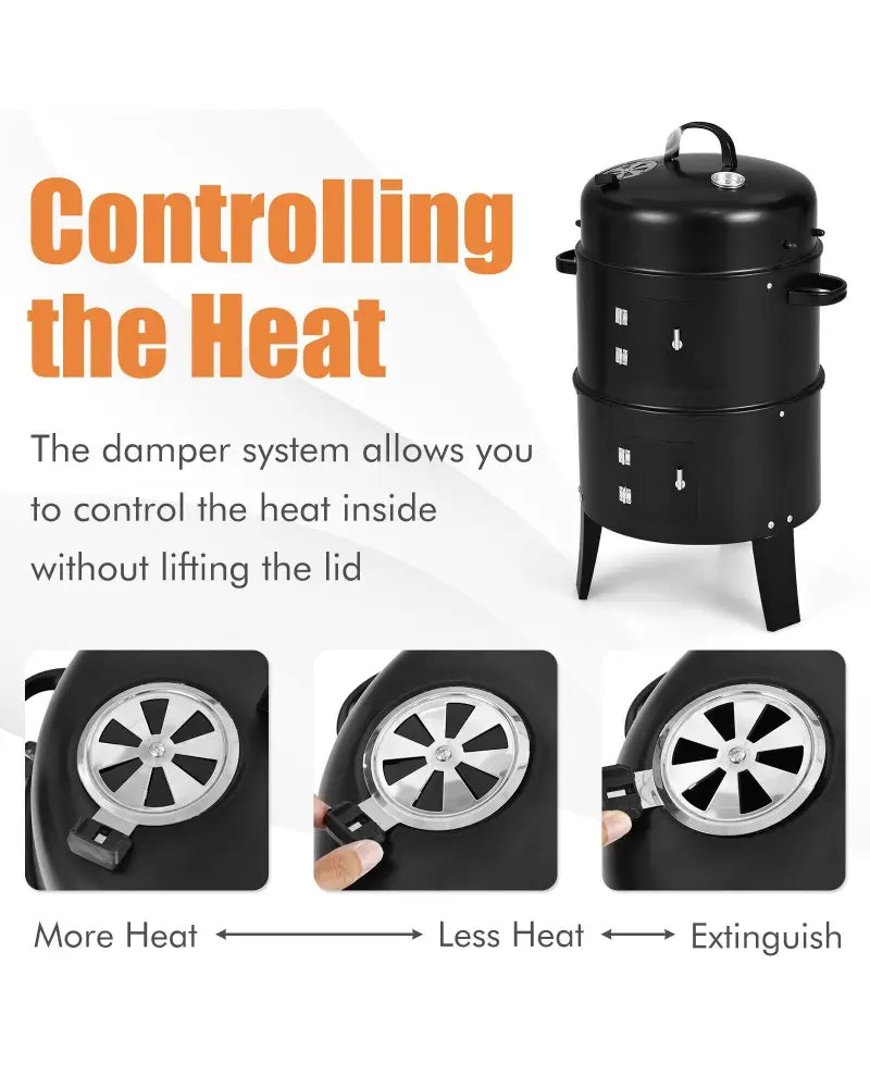 3-in-1 Charcoal BBQ Grill Cambo with Built-in Thermometer - Black - Outdoor Grills
