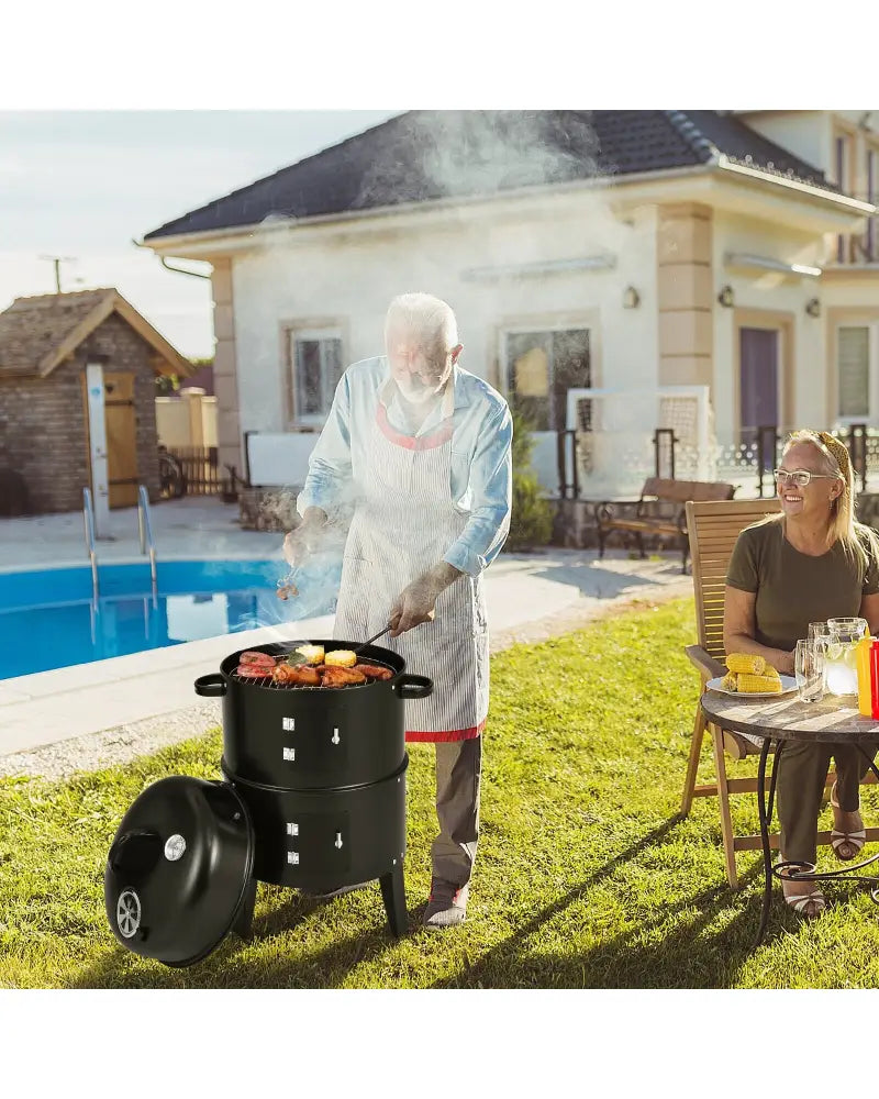 3-in-1 Charcoal BBQ Grill Cambo with Built-in Thermometer - Black - Outdoor Grills