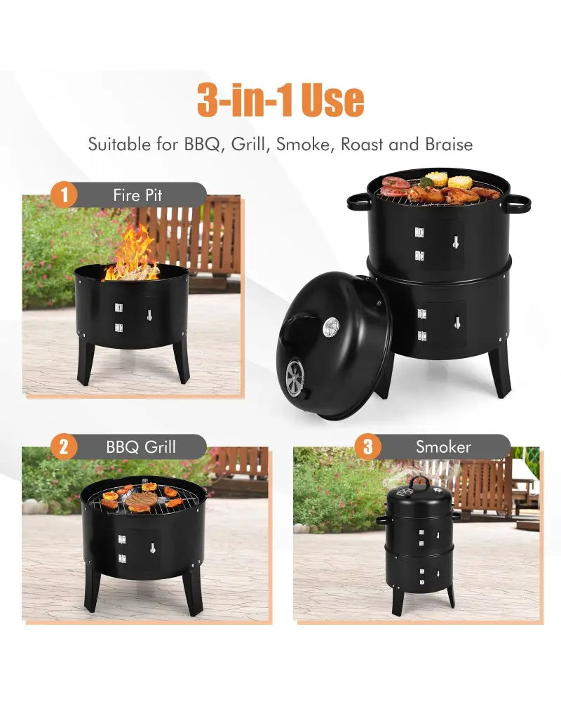 3-in-1 Charcoal BBQ Grill Cambo with Built-in Thermometer - Black - Outdoor Grills