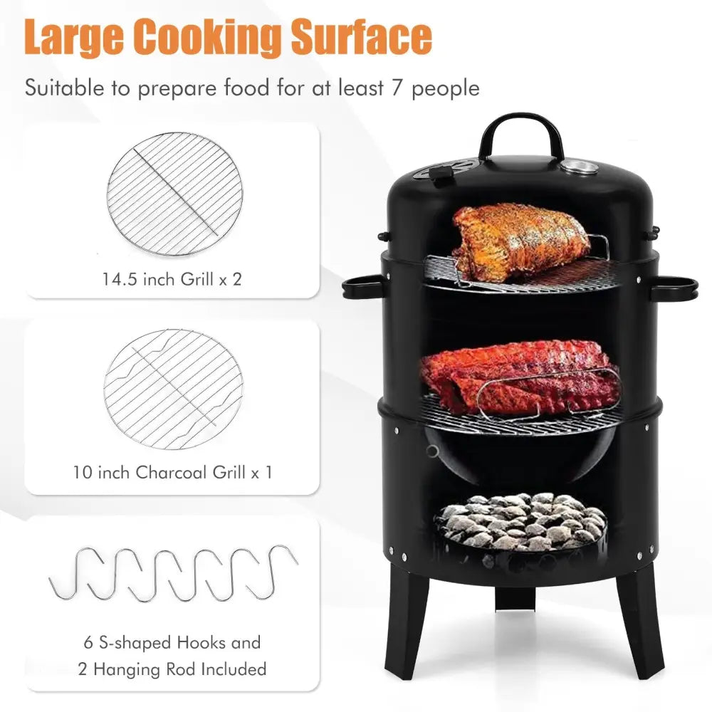3-in-1 Charcoal BBQ Grill Cambo with Built-in Thermometer - Black - Outdoor Grills
