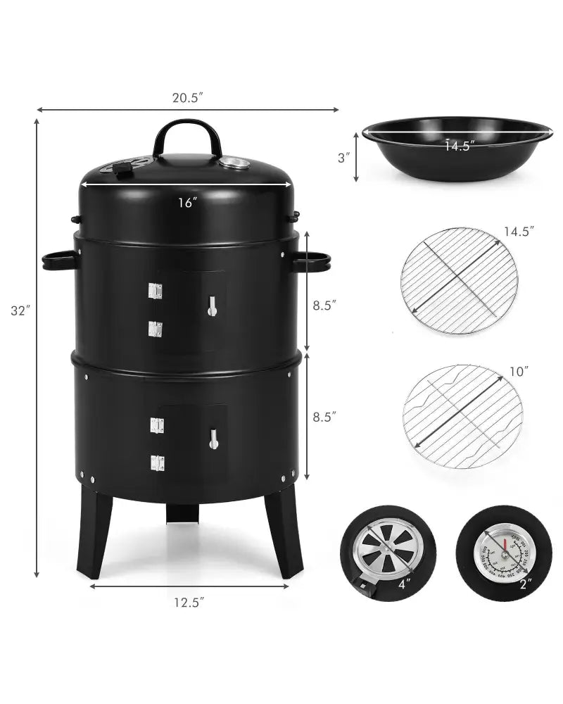 3-in-1 Charcoal BBQ Grill Cambo with Built-in Thermometer - Black - Outdoor Grills