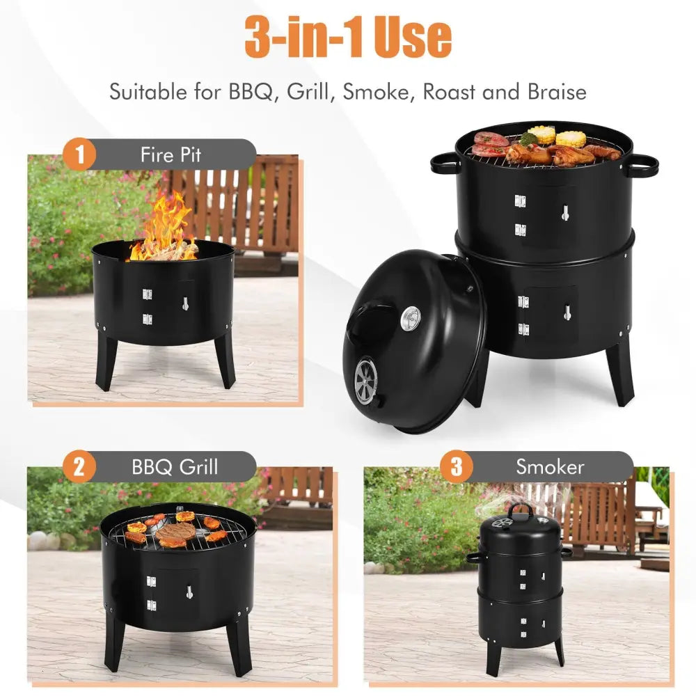 3-in-1 Charcoal BBQ Grill Cambo with Built-in Thermometer - Black - Outdoor Grills
