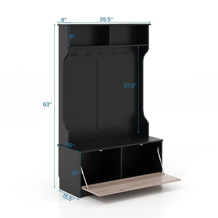 3 in 1 Coat Rack with Entryway Bench and Hooks and Enclosed Cabinet-Black - Black - Coat Racks & Hall Trees