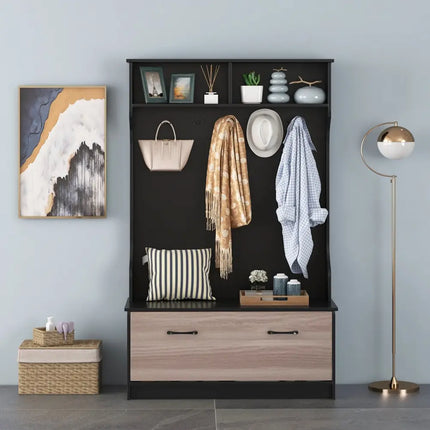 3 in 1 Coat Rack with Entryway Bench and Hooks and Enclosed Cabinet-Black - Black - Coat Racks & Hall Trees