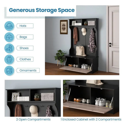 3 in 1 Coat Rack with Entryway Bench and Hooks and Enclosed Cabinet-Black - Black - Coat Racks & Hall Trees