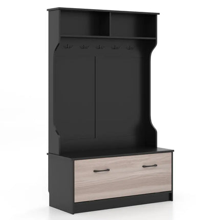 3 in 1 Coat Rack with Entryway Bench and Hooks and Enclosed Cabinet-Black - Black - Coat Racks & Hall Trees