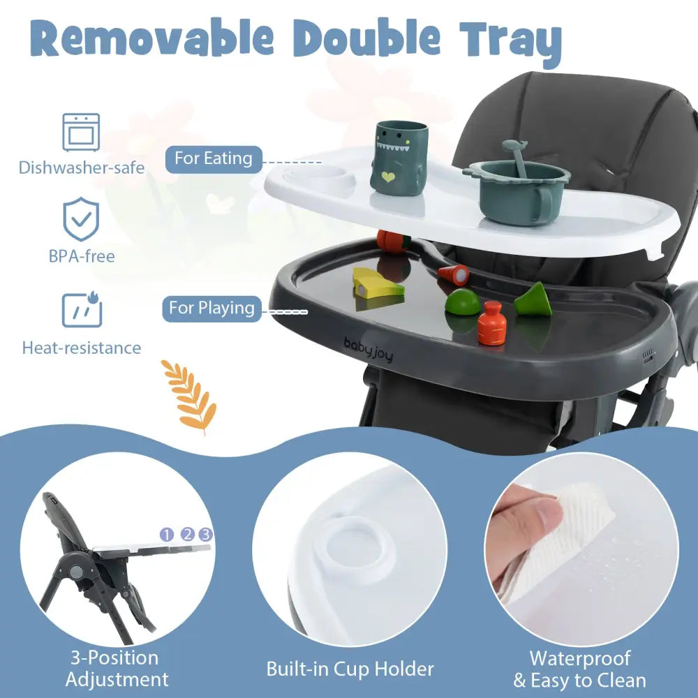 3-In-1 Convertible Baby High Chair with 7 Heights and Double Food Tray-Dark Gray - Dark Gray - High Chairs