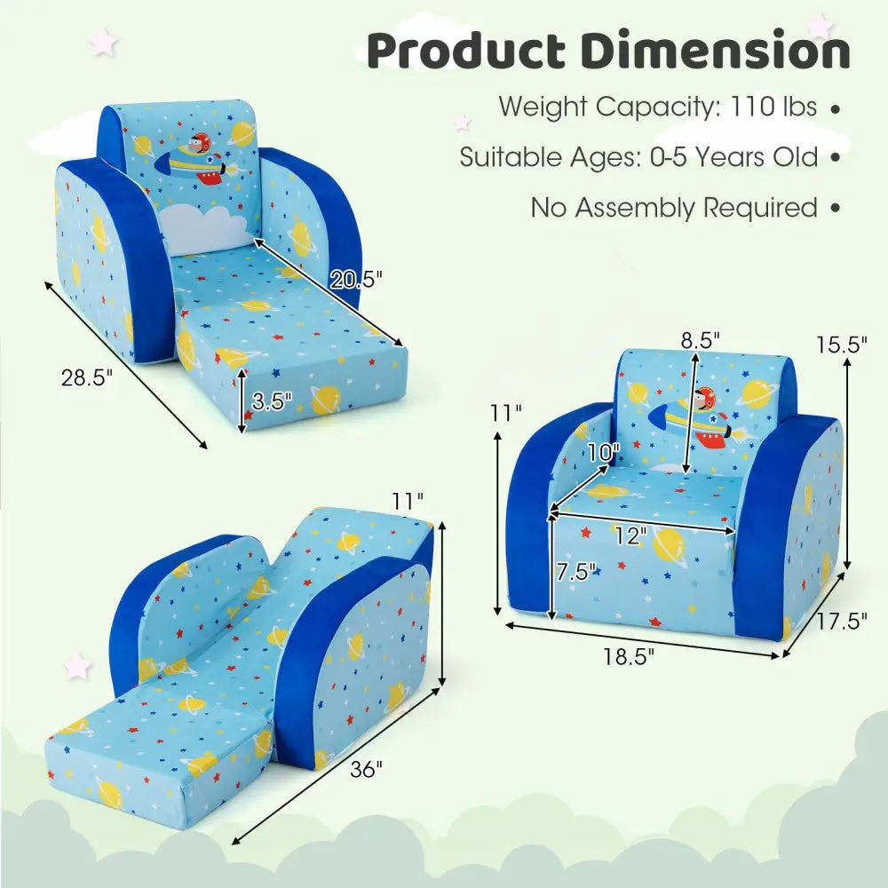 3 in 1 Convertible Flip Open Kids Sofa for Nap Play Sleep - Blue - Kids Chairs & Seating