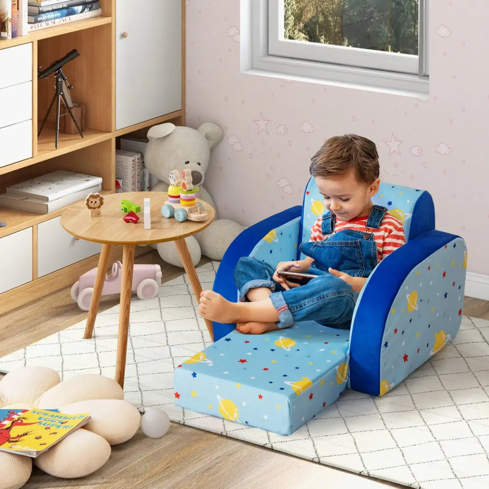 3 in 1 Convertible Flip Open Kids Sofa for Nap Play Sleep - Blue - Kids Chairs & Seating