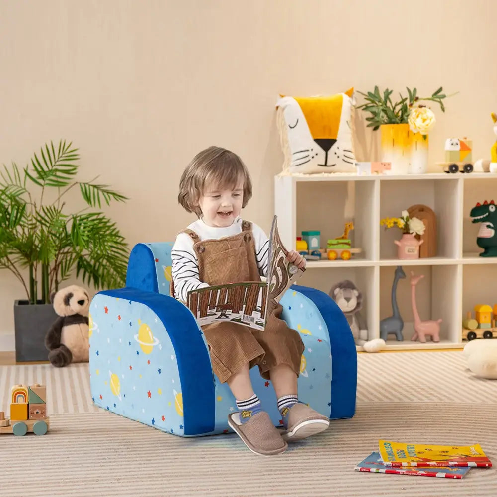 3 in 1 Convertible Flip Open Kids Sofa for Nap Play Sleep - Blue - Kids Chairs & Seating