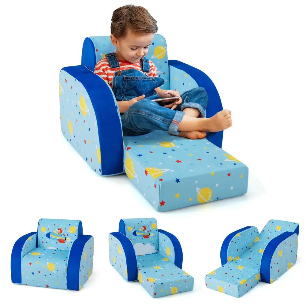 3 in 1 Convertible Flip Open Kids Sofa for Nap Play Sleep - Blue - Kids Chairs & Seating