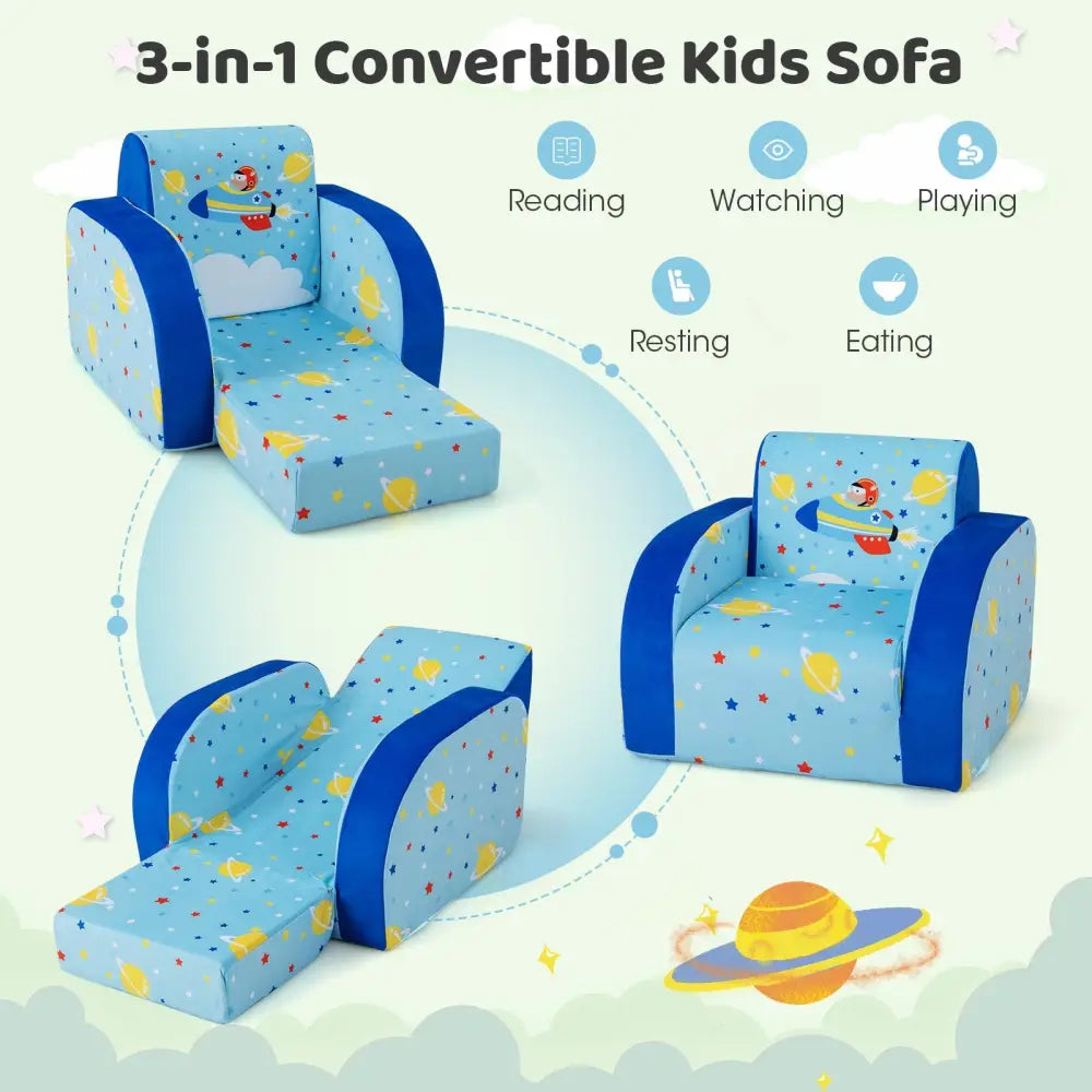 3 in 1 Convertible Flip Open Kids Sofa for Nap Play Sleep - Blue - Kids Chairs & Seating