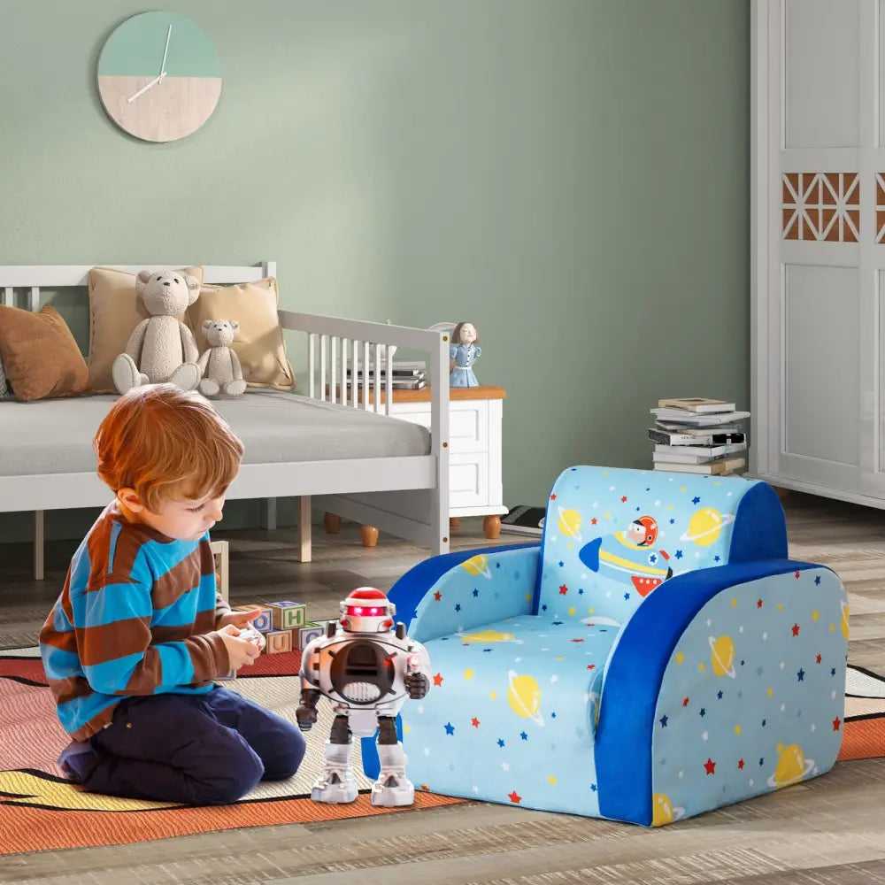 3 in 1 Convertible Flip Open Kids Sofa for Nap Play Sleep - Blue - Kids Chairs & Seating