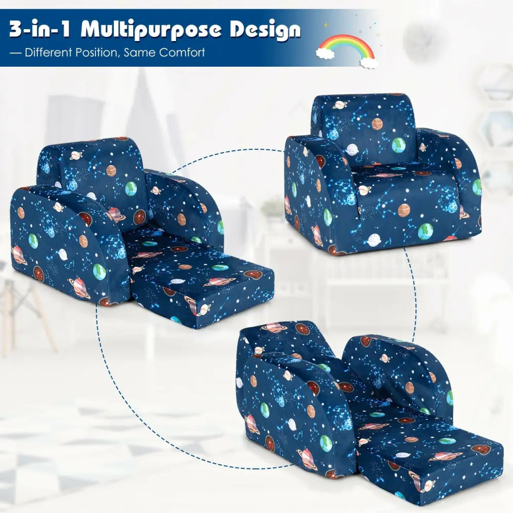 3-in-1 Convertible Kid Sofa Bed Flip-Out Chair Lounger for Toddler-Blue - Blue - Kids Chairs & Seating