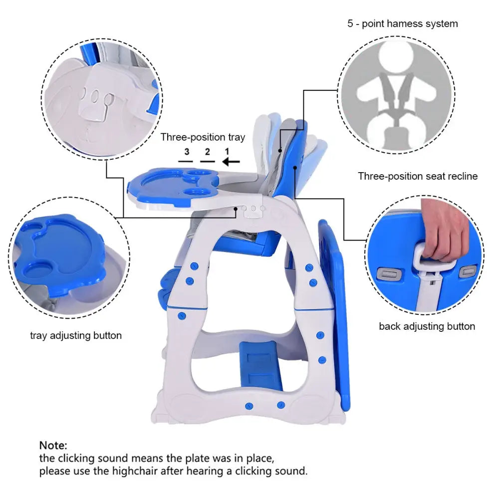 3 in 1 Convertible Play Table Seat Baby High Chair-Blue - Blue - High Chairs