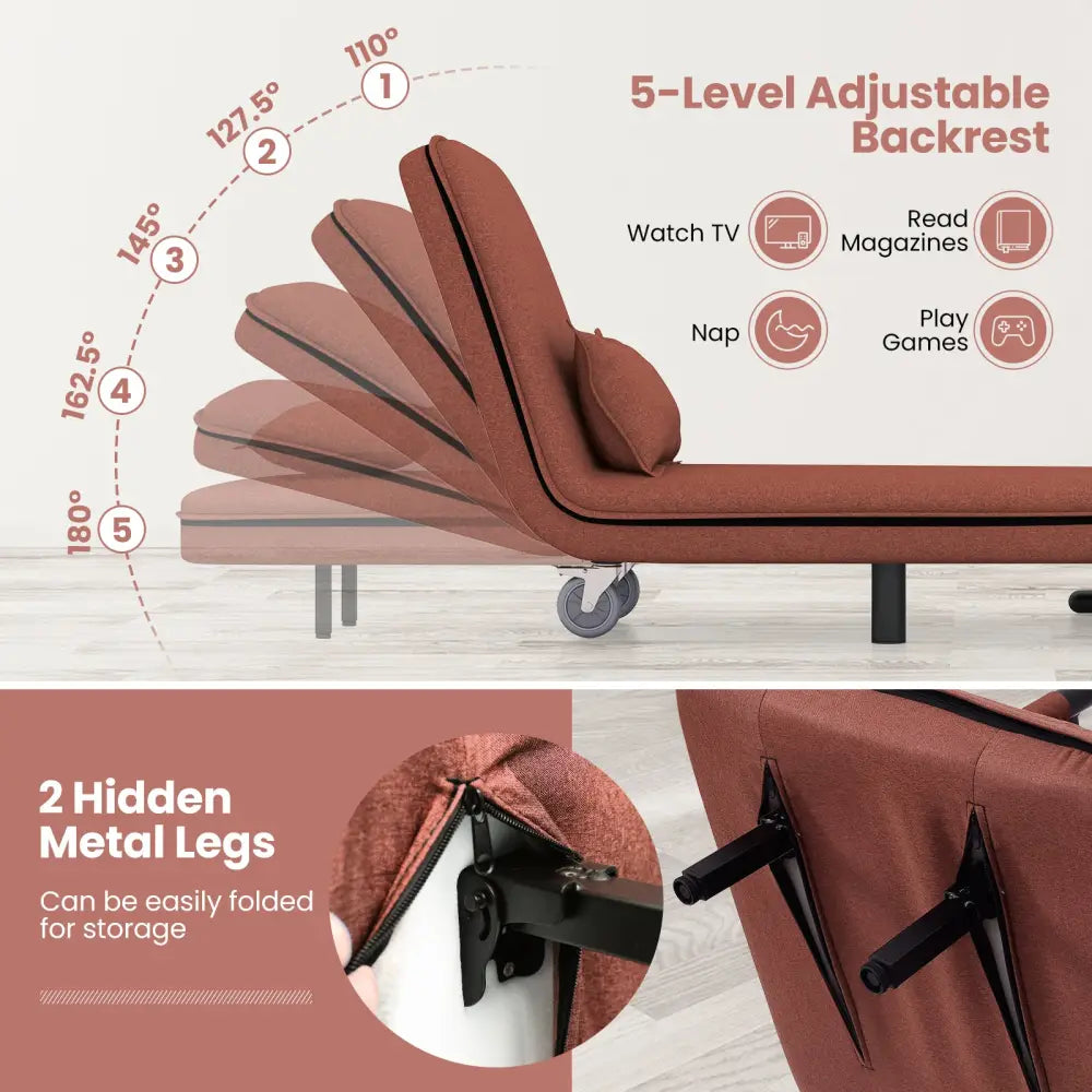 3-in-1 Convertible Sofa Bed with 5-Position Adjustable Backrest and Lumbar Pillow-Brown - Brown - Accent Chairs