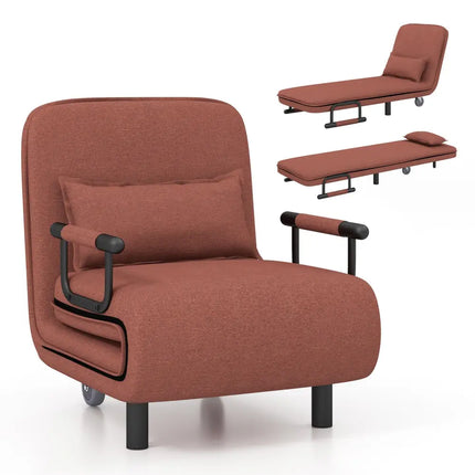 3-in-1 Convertible Sofa Bed with 5-Position Adjustable Backrest and Lumbar Pillow-Brown - Brown - Accent Chairs