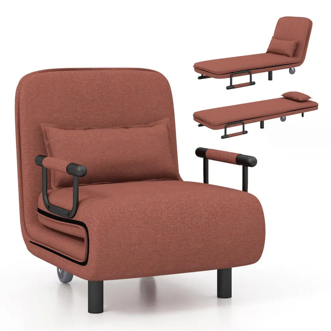 3-in-1 Convertible Sofa Bed with 5-Position Adjustable Backrest and Lumbar Pillow-Brown - Brown - Accent Chairs