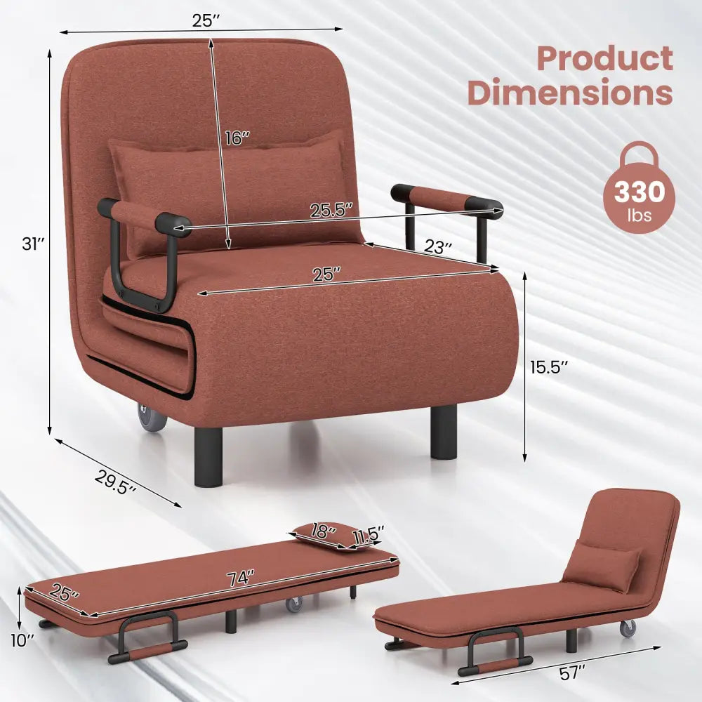 3-in-1 Convertible Sofa Bed with 5-Position Adjustable Backrest and Lumbar Pillow-Brown - Brown - Accent Chairs