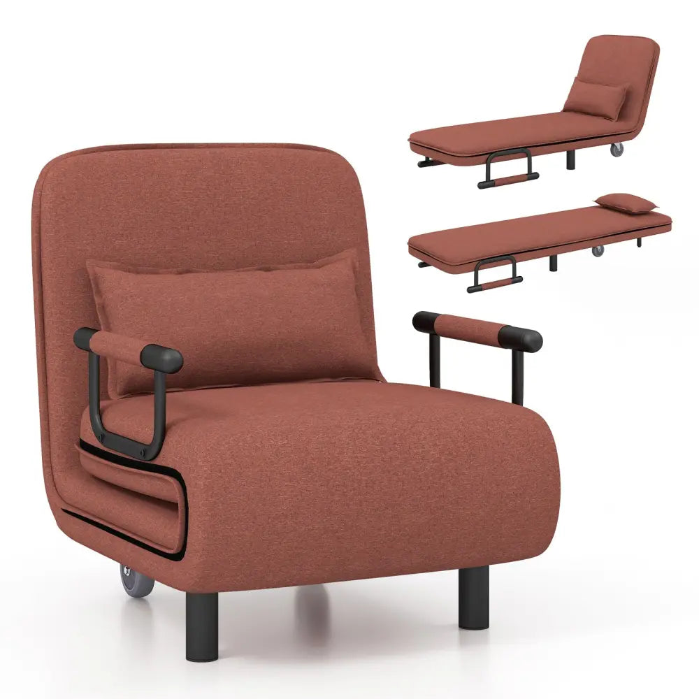 3-in-1 Convertible Sofa Bed with 5-Position Adjustable Backrest and Lumbar Pillow-Brown - Brown - Accent Chairs