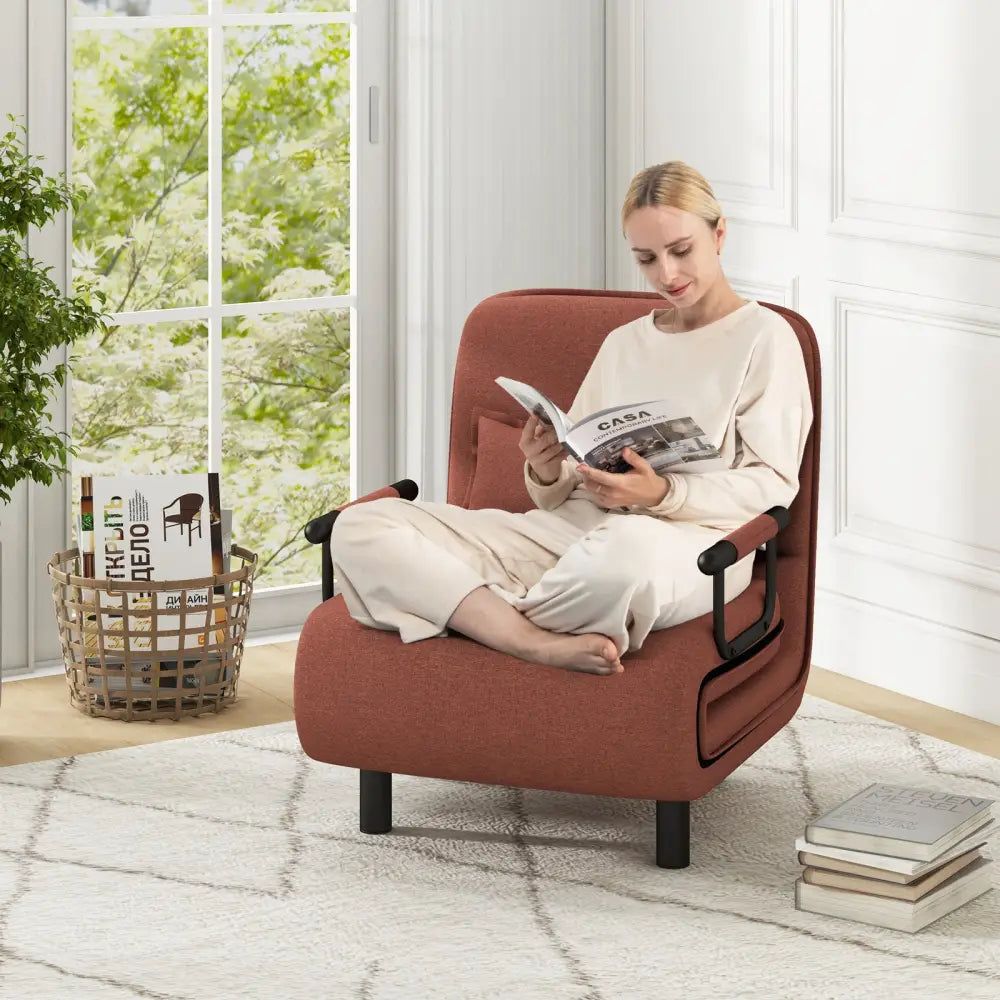 3-in-1 Convertible Sofa Bed with 5-Position Adjustable Backrest and Lumbar Pillow-Brown - Brown - Accent Chairs