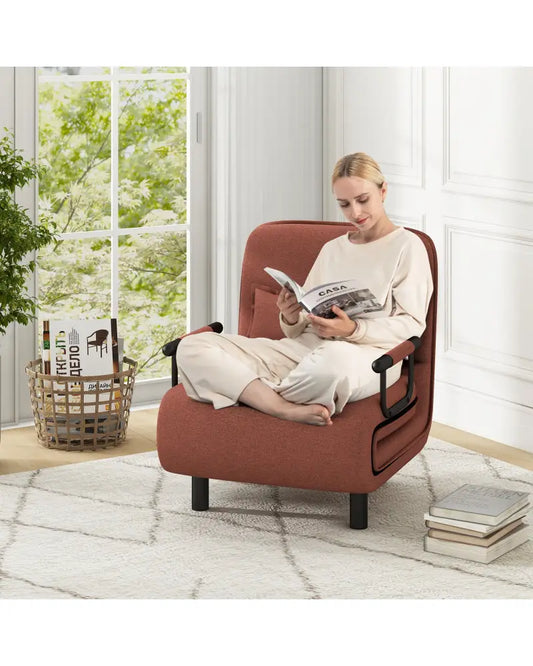 3-in-1 Convertible Sofa Bed with 5-Position Adjustable Backrest and Lumbar Pillow-Brown - Brown - Accent Chairs