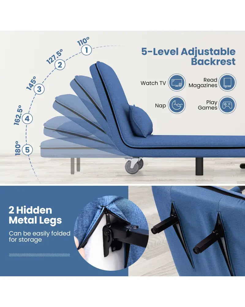 3-in-1 Convertible Sofa Bed with 5-Position Adjustable Backrest and Lumbar Pillow-Blue - Blue - Accent Chairs